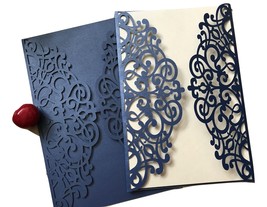 50pcs Pearl Navy Blue custom-made invitations cards Laser Cut Wedding Invitation - $57.40