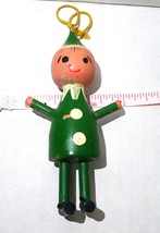 Christmas Elf  3 1/2&quot;  wooden hanging ornament vintage 1968 green suit painted - £28.44 GBP