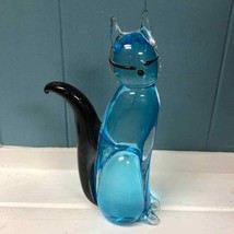 Vintage Murano Blue Glass 8” Cat Sculpture Figure Black Eyes &amp; Tail Italy - $425.80