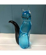 Vintage Murano Blue Glass 8” Cat Sculpture Figure Black Eyes &amp; Tail Italy - £341.19 GBP