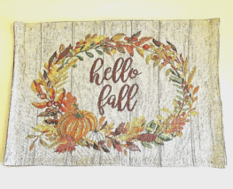 Hello Fall Placemats 13x18&quot; Set of 4 Tapestry Thanksgiving Pumpkin Floral Wreath - £32.80 GBP
