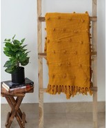 Hand Loom Cotton Throw Blanket Mustard Yellow Wool Loops Cotton Throw Bl... - £40.63 GBP