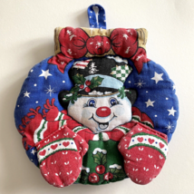 Vintage Snowman Top Hat Holly Scarf Mitten Flaps Fabric Trivet Oven Pad 8&quot;x8&quot; - £4.78 GBP