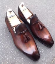 Handmade Men&#39;s Loafer Brown Leather Tassels Moccasins Dress Formal Shoes for Men - £100.51 GBP