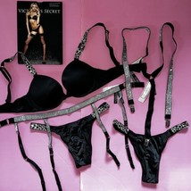 Victoria&#39;s Secret 32C Conjunto Sujetador+Liguero+Liguero Cristalizado Negro - £158.84 GBP