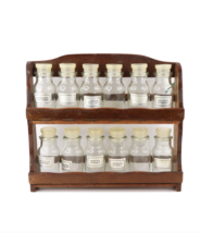 Vintage 60s Mid Century Modern MCM 12 Piece Glass Jar Spice Rack Wood Shelf - £78.25 GBP