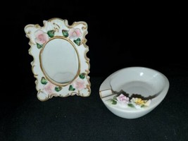 Vtg LEFTON China Hand Painted Picture Frame Roses Pink Floral Ashtray Trinket  - $10.42