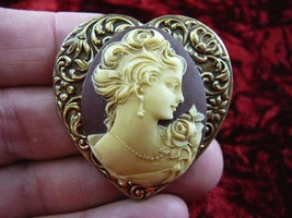 (cm43-26) LADY ROSE Pine Resin ivory + brown oval CAMEO jewelry Pin pendant - £25.74 GBP