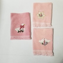 3 Applique Fingertip Towel Vintage Fringe Pink Small Cotton Towels Gold Holiday - £5.46 GBP