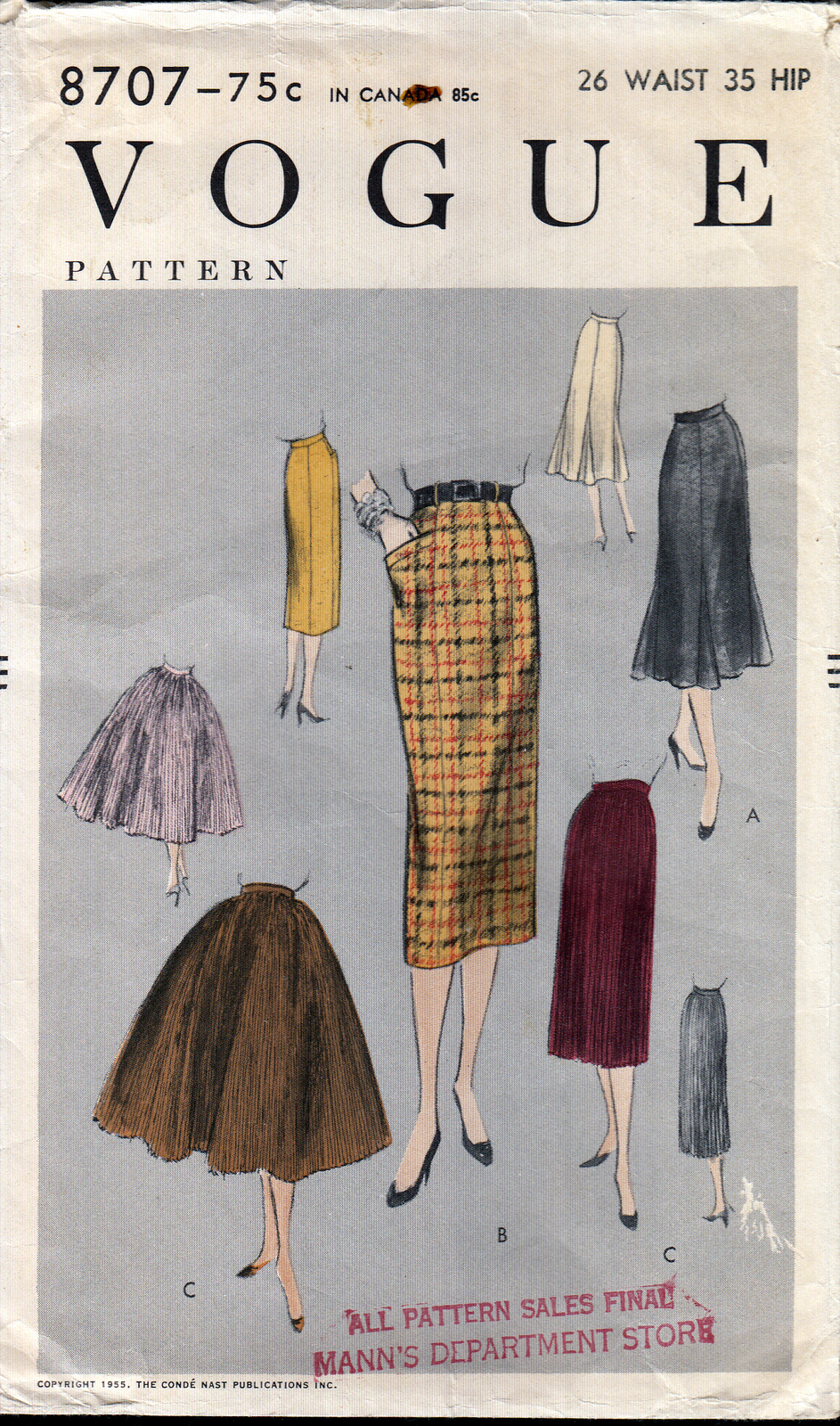 Vintage 1950s Vogue 8707 Skirts Full and Slim Unprinted Waist 26" Hip 35" - $20.00