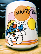 Vintage 1981 Peyo Smurf Happy Birthday Ceramic Coffee Cup Mug Wallace &amp; ... - £19.46 GBP
