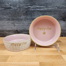 Happy Cat Water Food Bowl Set Embossed Treat Dish in Pink and White By Blue Sky - £15.25 GBP