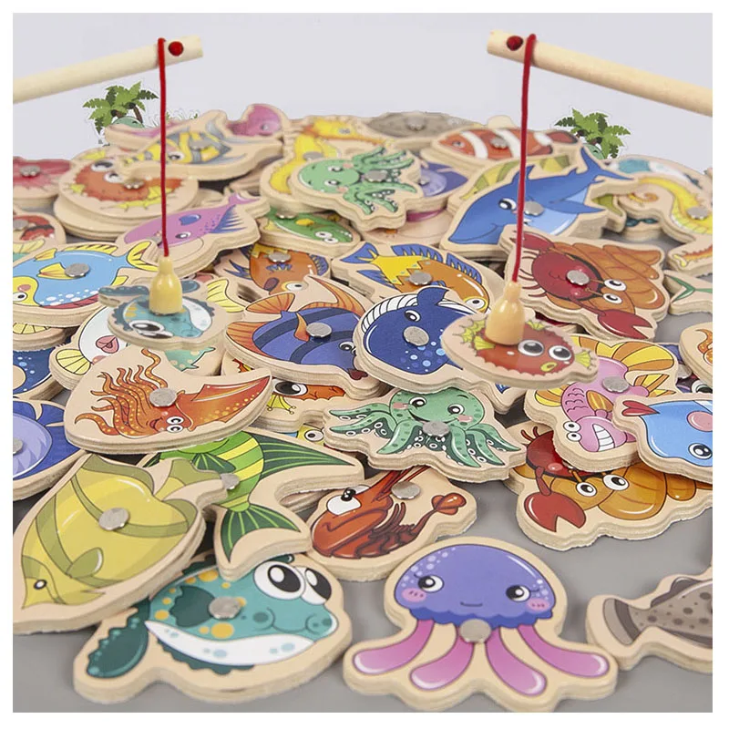 Montessori Wooden Magnetic Fishing Toys for Kids Cartoon Marine Life Cognition - £8.64 GBP+
