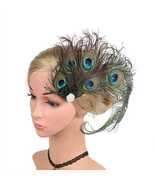 Women Peacock Feather Hair Clip with Pearl Rhinestone Fascinator 1920s G... - £9.59 GBP