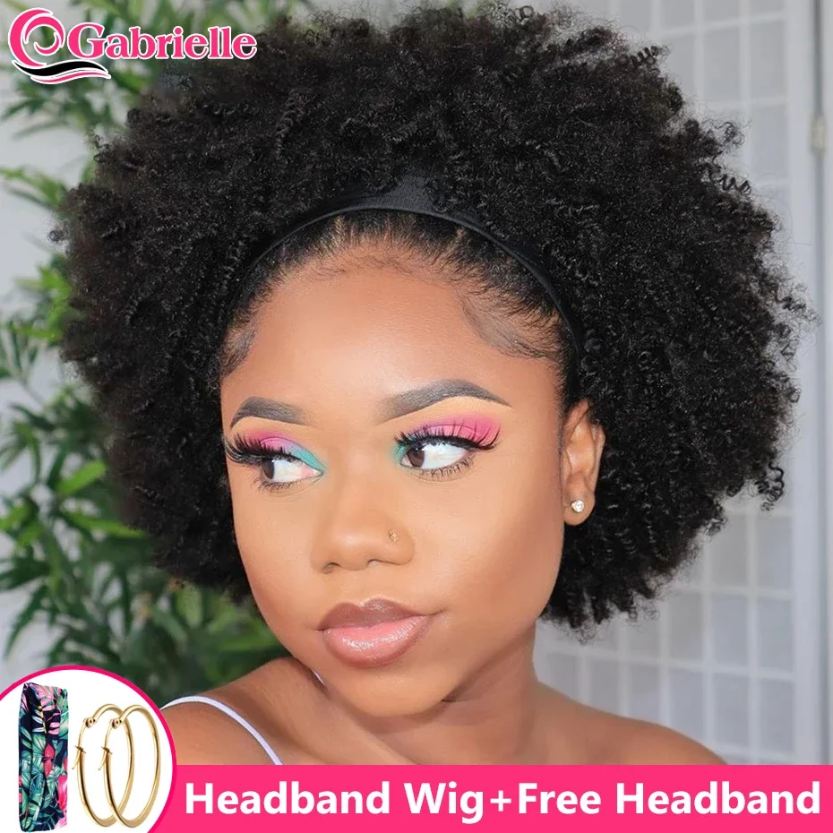 Afro Kinky Curly Headband Wigs for Women Cheap Human Hair Wigs 180% Density He - £52.90 GBP+