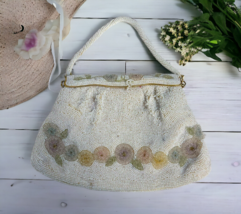 Vintage Belgium Fold Over Floral Seed Glass Beaded Hand Clutch Purse 9.5... - $32.71