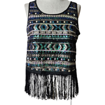 Black Sequined Fringe Sleeveless Crop Top Size Small - £19.71 GBP