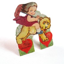 Vintage Valentine Die Cut Stand Up Girl w/ Umbrella Rides Bear Germany 1... - $14.99