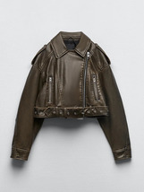 Women Vintage Loose Pu Faux Leather Short Jacket with Belt Streetwear Fe... - £109.50 GBP