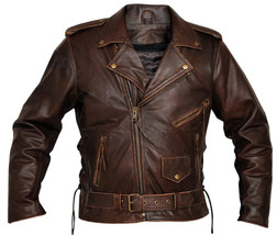 Antique Brown Men&#39;s Motorbike Jacket With Belted Waist Zipper Brando Han... - $2,546.82 MXN