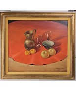 Oil On Canvas Varani Still Life 1970 40 x 36 Fruit Bowl Pitcher Orange - $272.25