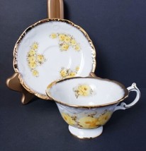 Yellow Rose Pattern 6 oz. Tea Cup &amp; Saucer Set White with Gold Rim - £19.76 GBP