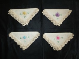 4 Antique FLORAL EMBROIDERED CROCHET-EDGED Unused NAPKINS  - 11.5&quot; x 11.... - £7.85 GBP