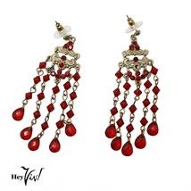 Vintage 80s Chandelier Pierced Drop Earrings Red Beads Rhinestones 3&quot; - ... - £14.22 GBP