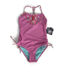 YMI Girls Swimsuit Size 7/8 Pink Blue 1 Piece Aztec T Back Bathing Suit - $23.37