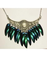 Unusual necklace with real beetle wings # 20 silver emerald iridescent g... - $15.00