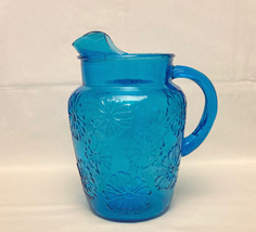 Vintage Anchor Hocking Springsong glass pitcher laser blue flowers Spring Song - £14.38 GBP