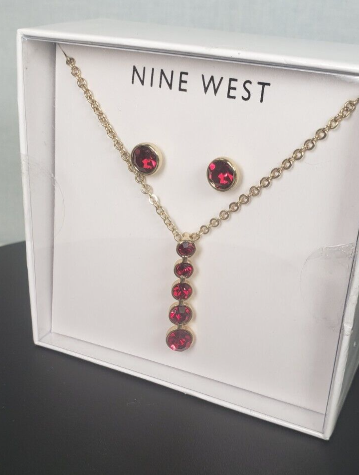 Nine West Jewelry Dark Red/Garnet Rhinestone Necklace and Earrings Set - £21.77 GBP