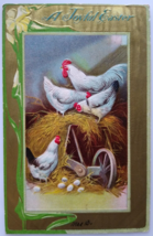 Easter Postcard Hen Rooster Chickens Eggs Haystack Barn Farm Equipment JLW 1911 - $8.88