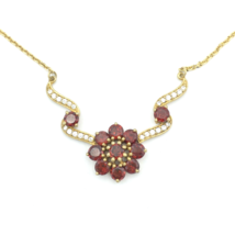 FAS garnet &amp; CZ gold-tone necklace - red gemstone flower &amp; ribbon pendant 18.5&quot; - £19.98 GBP