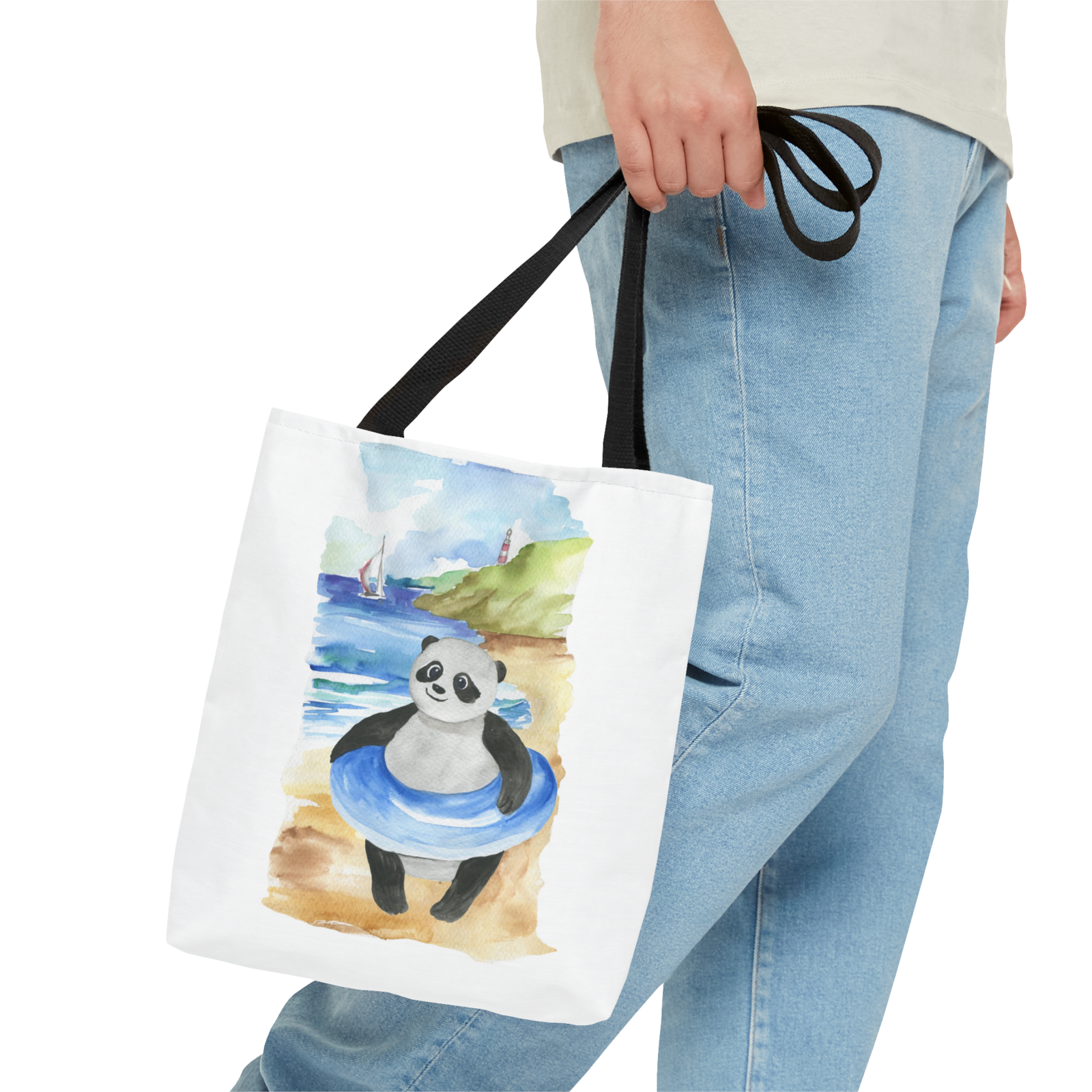 Watercolor Panda with Inner Tube Tote Bag, 3 sizes - $23.56 - $32.31