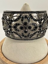 Flex  Silver-Tone Crystal Rhinestone Embellished  Wide Floral Cuff Bracelet - £22.31 GBP