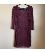 Pisarro Nights Beaded V-Neck Cocktail Dress Women&#39;s 10 Plum 3/4 Sleeve W... - $921.13 MXN