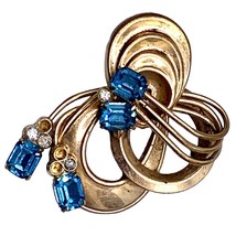 Vintage Fashion Pin Gold Tone Blue Faceted Glass Stones Rhinestones Retr... - $14.84