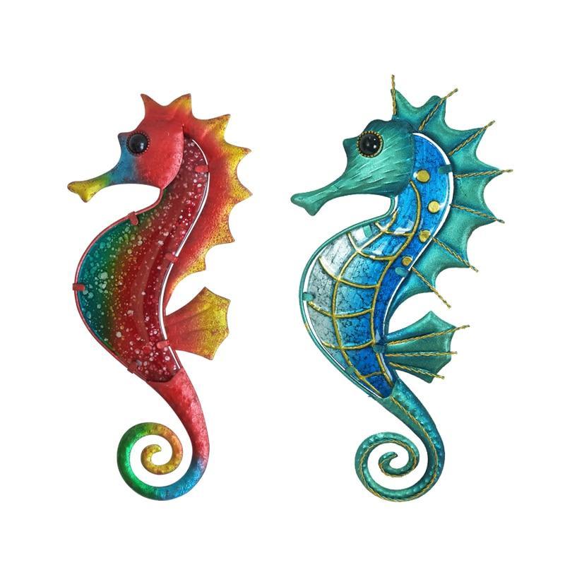 Handmade Garden Wall Art Metal Seahorse Decoration with Glass for Home Outdoor A