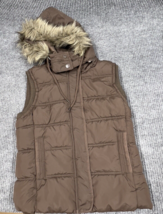 Aeropostale Puffer Vest Women Size Medium Brown Faux Fur Hooded Zip Snap... - £17.75 GBP