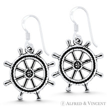 Helm Ship&#39;s Wheel Nautical Charm Dangling Hook Earrings in .925 Sterling Silver - £17.35 GBP