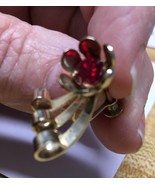 Vintage Gold-plated, earrings, red glass stone, screw back, 1950s era - $20.00