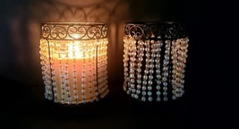 2 Vtg  Handmade Clear Beaded Candle Holder Black Metal w/ Iridescent  6.5&quot; tall - £26.26 GBP