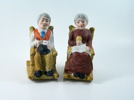 Bisque Figurine Grandpa &amp; Grandma Old Couple In Rocking Chairs Porcelain VTG - £10.26 GBP