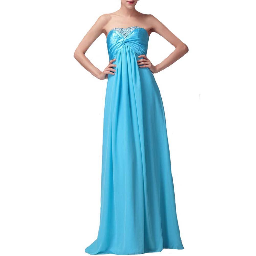 Kivary Women's Long Empire Blue Beaded Chiffon Simple Prom Evening Bridesmaid Dr