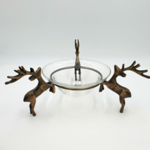 LRG Brass / Bronze Bowl Holder Stand Reindeer Deer w Crisa Glass VNTG Candy Dish - £46.65 GBP