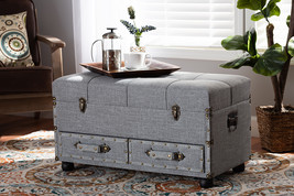 Wales Gray Fabric Upholstered 2-Drawer Storage Trunk Ottoman - $4,035.76 MXN