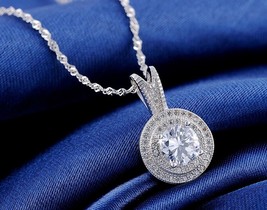 1.50Ct Round Cut lab-Created Diamond Halo Necklace Pendant 14k White Gold Plated - £110.78 GBP