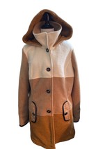Susan Graver Sherpa Coat Large 3 Tone Brown to White Button Down Front Pockets - £31.45 GBP