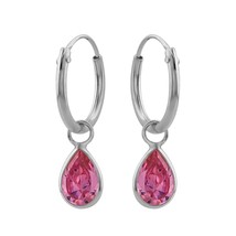 925 Silver Hoop Earrings with Drop Pink Crystals - £12.76 GBP